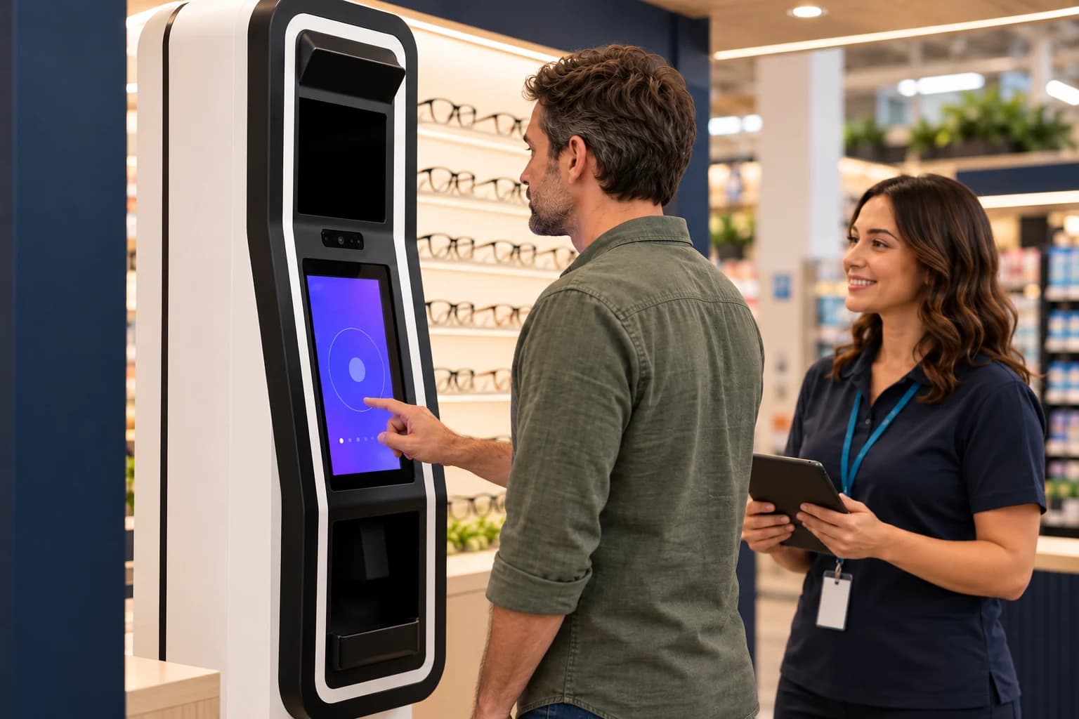 Close view of a shopper touching the screening station’s display while an attendant with a tablet stands beside them