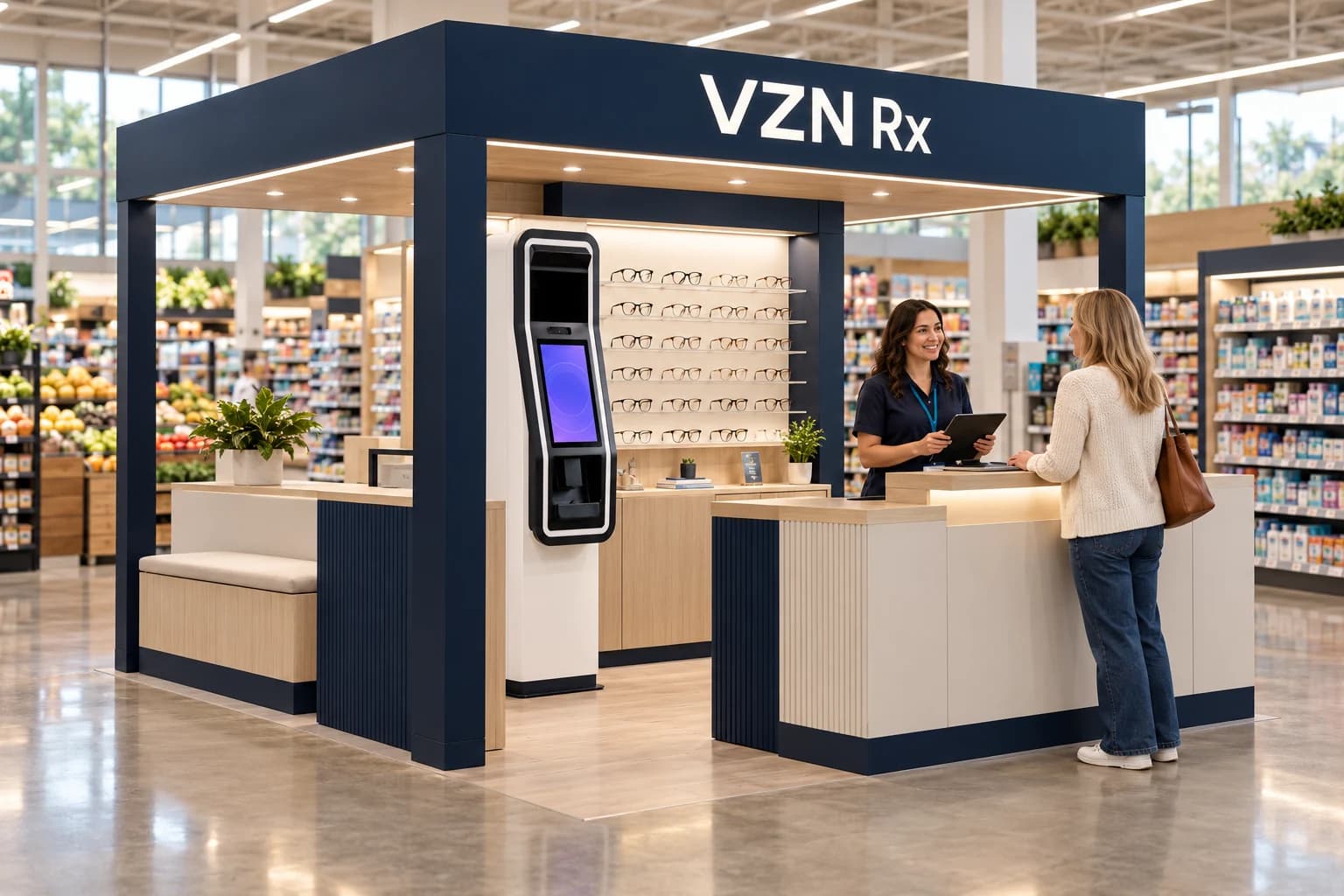 An illustrative VZN Rx kiosk in a grocery store: a navy canopy over a screening station, a lit frame display, and an attendant with a tablet helping a shopper at the counter