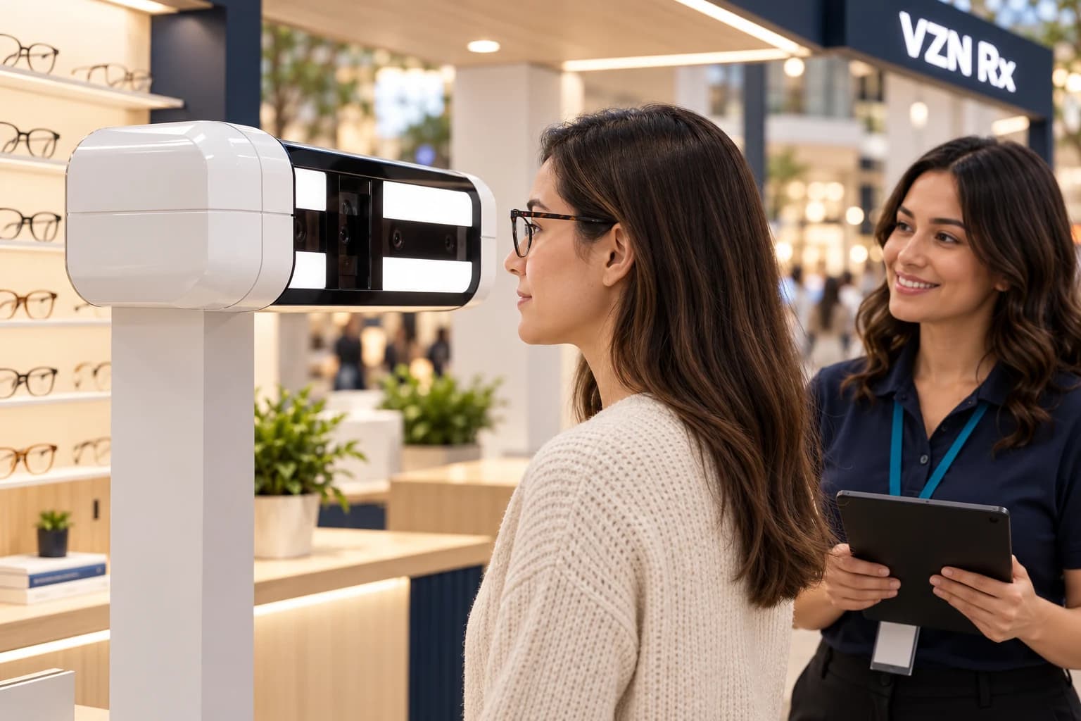 Close view of a shopper at an optional face and frame-fit scanner while an attendant holds a tablet nearby